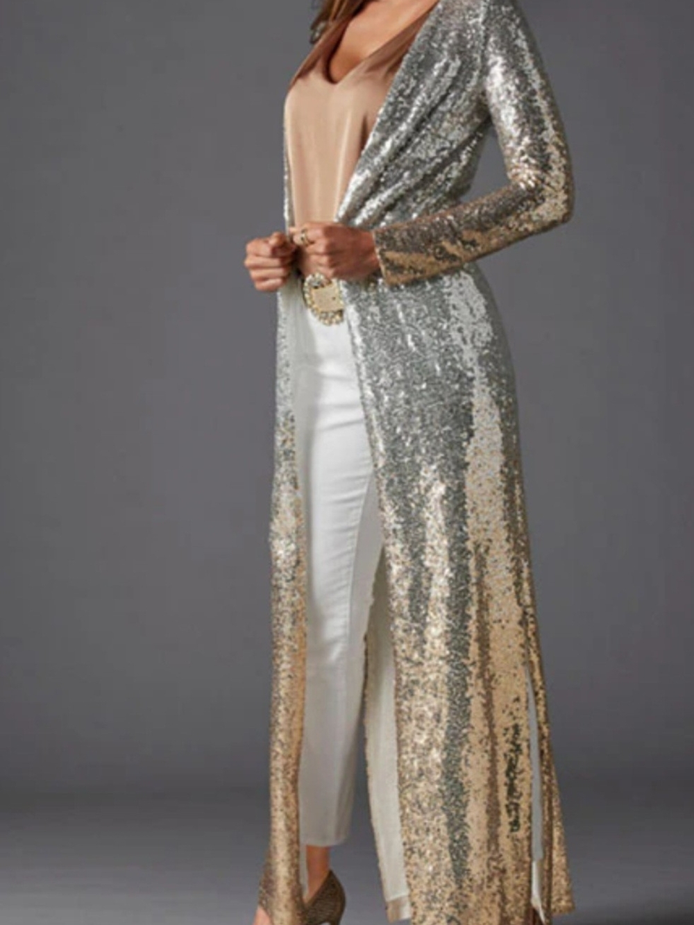 Alexia Admor Silver and Gold Sequin Duster Cardigan size Large - Picture 1 of 12